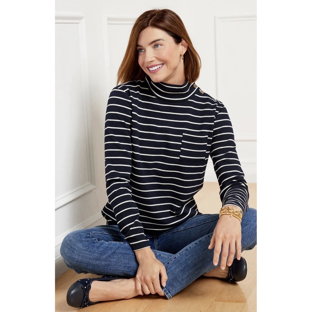 Talbots Women's Navy Striped Button Mockneck Pullover Pocket Size PXL New $89.50